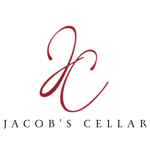 Logo for Jacob’s Cellar featuring a stylized red cursive 'JC' above the text 'JACOB'S CELLAR' in black uppercase letters, on a transparent background